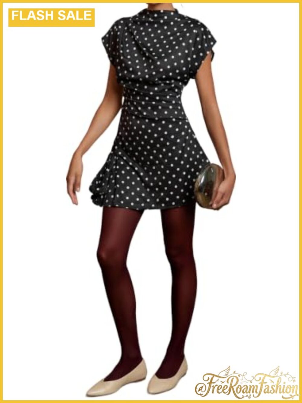 Cinched Waist Polka Dots Mini Dress Short Sleeve Mock Neck Ruched Semi Formal